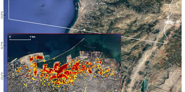 On the map, dark red pixels – like those present at and around the Port of Beirut – represent the most severe damage. Areas in orange are moderately damaged and areas in yellow are likely to have sustained somewhat less damage. Each colored pixel represents an area of 33 yards.