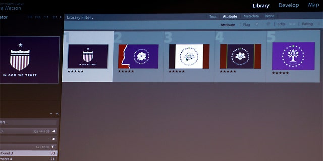A projection screen shows the five finalists chosen by the Mississippi State Flag commissioners Tuesday, Aug. 18, 2020, at the Two Mississippi Museums in Jackson, Miss. (AP)