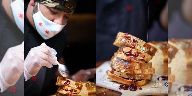 The “Golden Goose” sandwich is made with “toasted edible gold leaf bread,” “all-natural peanut butter,” manuka honey from New Zealand, and “the world’s most expensive” seedless redcurrant jam from Maison Dutriez in France.