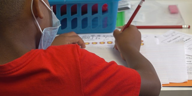 An elementary school student works on an assignment in class.
