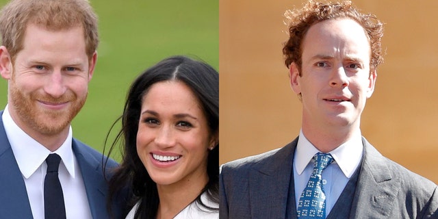 Prince Harry (left) was reportedly warned by longtime friend Tom Inskip (right) to slow down his relationship with Meghan Markle (center).