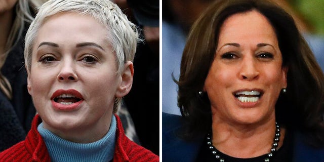Actress Rose McGowan (left) slammed Sen. Kamala Harris (right) for accepting a donation from Harvey Weinstein during a previous campaign.