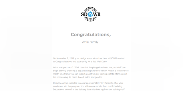 SDWR congratulations email (Credit: Vanessa Valdez Avila)