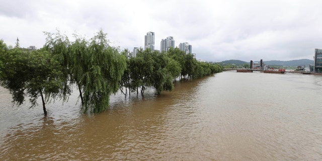 A part of a park near Han river is flooded after heavy rain in Seoul, South Korea, Sunday, Aug. 2, 2020.