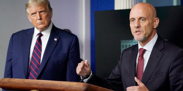 President Trump listens as the FDA's Stephen Hahn speaks to the media in the James Brady Briefing Room of the White House, Sunday, Aug. 23, 2020, in Washington. (AP Photo/Alex Brandon)