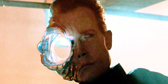 The movie "Terminator 2: Judgment Day", directed by James Cameron. Seen here, the T-1000 Terminator, in partial liquid metal form, suffers from a gunshot blast to the head.