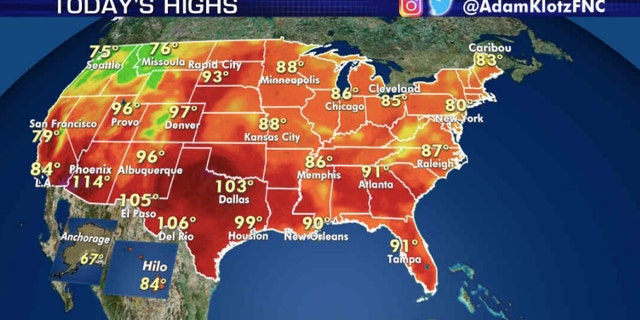 Forecast high temperatures for Aug. 13, 2020.