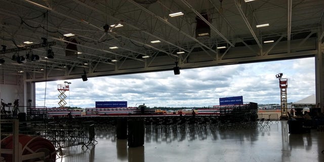 The hangar adjacent to Manchester Boston Regional Airport in New Hampshire where President Trump will hold his rally on Friday evening Aug. 28