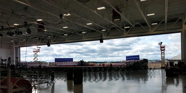 The hangar adjacent to Manchester-Boston Regional Airport in New Hampshire, where President Trump will hold his rally on Friday evening, Aug. 28, 2020.
