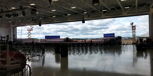 The hangar adjacent to Manchester-Boston Regional Airport in New Hampshire, where President Trump will hold his rally on Friday evening, Aug. 28, 2020.