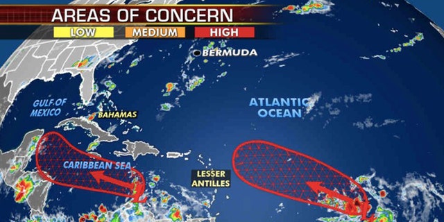 Forecasters are watching two areas with high development potential in the Atlantic basin.