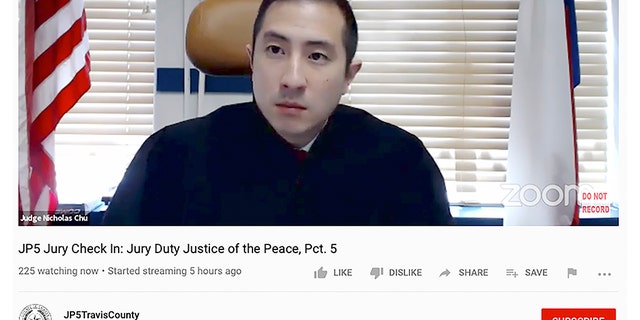 US News In this screen grab from video provided by the Travis County Commissioners Court, Judge Nicholas Chu confers with defense attorneys and prosecutors during a Texas jury trial being conducted over Zoom on Tuesday, Aug. 11, 2020, in Austin. The court has launched what the state says is the nation's first virtual jury trial in a criminal case. The misdemeanor traffic case is being broadcast live on YouTube and comes as the latest experiment in how to resume jury proceedings in a criminal justice system that's been crippled by the coronavirus pandemic.