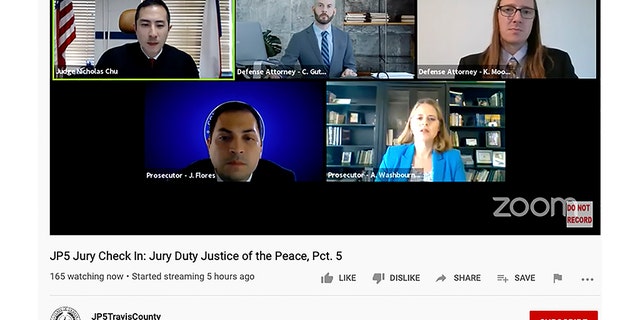 US News In this screen grab from video provided by the Travis County Commissioners Court, Judge Nicholas Chu, top left, confers with defense attorneys Carl Guthrie, top center, and Kannon Moore, top right, and prosecutors Jaime Flores, bottom left, and Afton Washbourne, bottom right, during a Texas jury trial being conducted over Zoom on Tuesday, Aug. 11, 2020, in Austin. The court has launched what the state says is the nation's first virtual jury trial in a criminal case. The misdemeanor traffic case is being broadcast live on YouTube and comes as the latest experiment in how to resume jury proceedings in a criminal justice system that's been crippled by the coronavirus pandemic.
