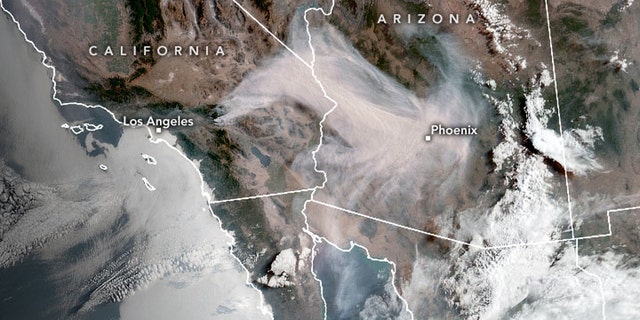 Smoke from the Apple Fire can be seen in this satellite image from NASA.