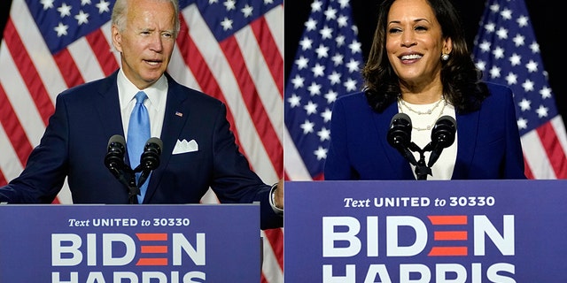 Presumptive Democratic presidential nominee Joe Biden and Sen. Kamala Harris, D-Calif., speak a campaign event at Alexis Dupont High School in Wilmington, Del., Wednesday, Aug. 12, 2020. (AP Photo/Carolyn Kaster)