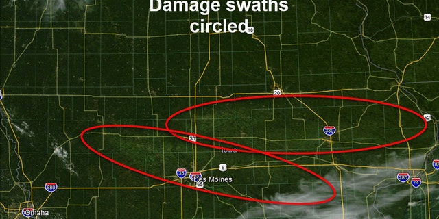 Damage swaths from the derecho seen across Iowa on Tuesday, Aug. 11, 2020.