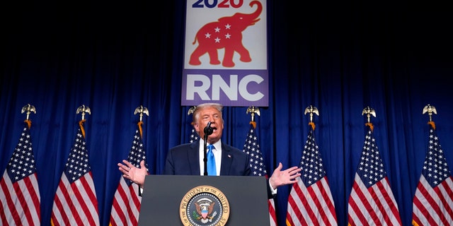 President Trump speaks on stage as he visits the Republican National Committee convention site, Monday, Aug. 24, 2020, in Charlotte. (AP Photo/Evan Vucci)