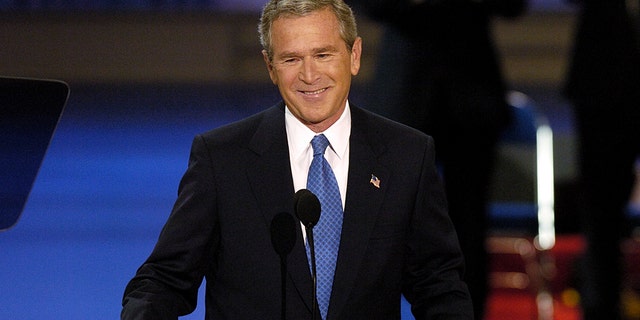 President George W. Bush delivers his speech on the last night of the Republican National Convention at Madison Square Garden, on Sept. 2, 2004, in New York City.  