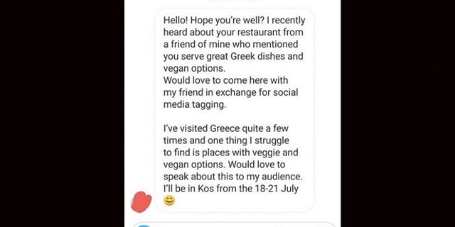 An anonymous Greek restaurant owner posted correspondence with a social media influencer asking for free food. (Reddit).