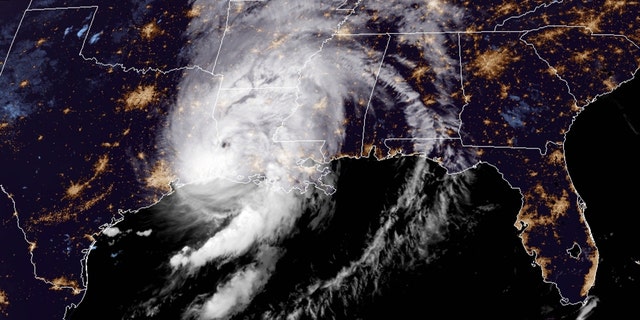 Hurricane Laura can be seen after making landfall along the Louisiana coast on Aug. 27, 2020.