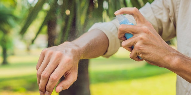 spraying mosquito repellant