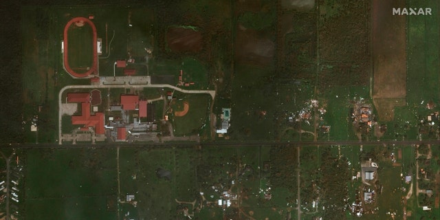 The Grand Lake High School area following Hurricane Laura's passage. (AP/Maxar Technologies)