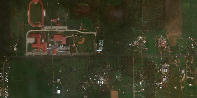 The Grand Lake High School area following Hurricane Laura's passage. (AP/Maxar Technologies)