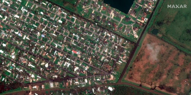 Homes near Flounder Drive in Lake Charles after Hurricane Laura. (AP/Maxar Technologies)