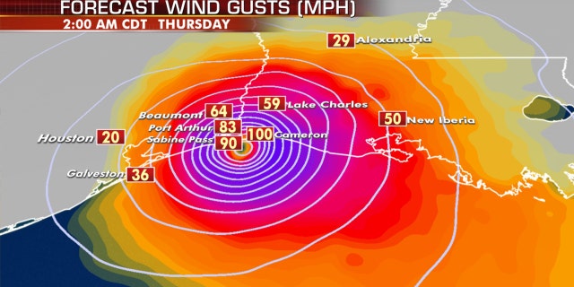 Expected winds as Hurricane Laura makes landfall late Wednesday along the Gulf Coast.