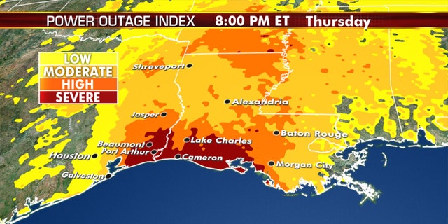 Expected power outages from Hurricane Laura as the storm makes landfall.