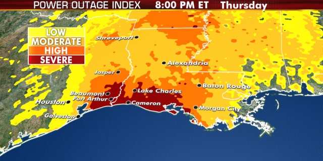 Expected power outages from Hurricane Laura as the storm makes landfall.