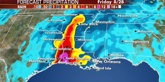 Forecast rain amounts from Hurricane Laura as the storm makes landfall late Wednesday.