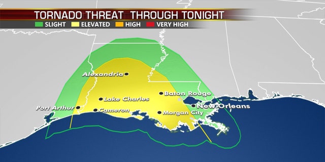 The tornado threat through late Wednesday due to Hurricane Laura.
