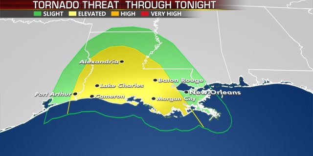 The tornado threat through late Wednesday due to Hurricane Laura.