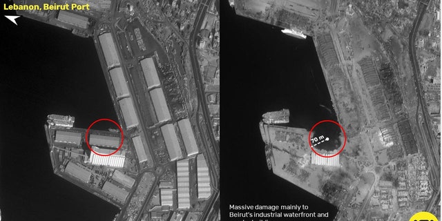 Side-by-side satellite images of the Beirut blast before and after (ISI Imagesat International)