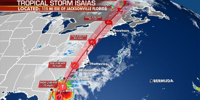 The forecast track of Isaias which is forecast to become a hurricane once again before making landfall.