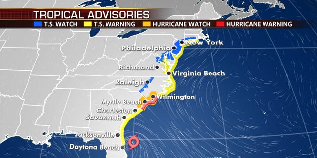 Hurricane warnings and tropical storm warnings and watches stretch from Florida to Maine.