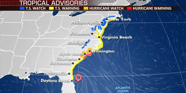 Hurricane warnings and tropical storm warnings and watches stretch from Florida to Maine.