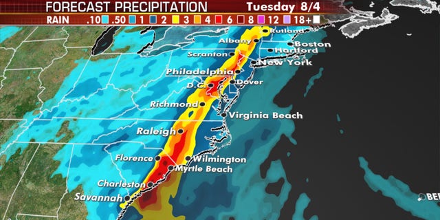 Isaias is forecast to bring a swath of heavy rain stretching northward.