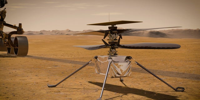 In this illustration, NASA's Ingenuity Mars helicopter stands on the surface of the Red Planet as NASA's Perseverance rover (partially visible at left) moves away.  (Credit: NASA / JPL-Caltech)