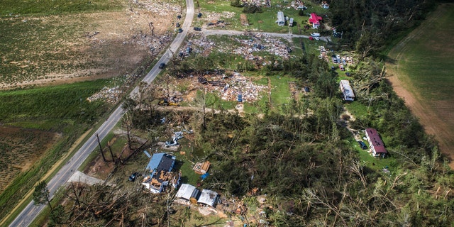 A view from a drone shows the destruction at a mobile home park near Windsor, N.C., that was hit by a tornado spawned by Isaias, Tuesday, Aug. 4, 2020. Two people were killed.