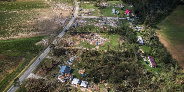 A view from a drone shows the destruction at a mobile home park near Windsor, N.C., that was hit by a tornado spawned by Isaias, Tuesday, Aug. 4, 2020. Two people were killed.