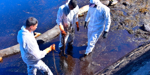 Volunteers take part in the clean up operation in Mahebourg, Mauritius Wednesday Aug. 12, 2020 surrounding the oil spill from the MV Wakashio.