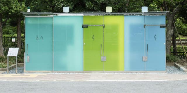The colored-glass washrooms are cleverly designed to be transparent when unoccupied — so potential users can confirm they’re empty and clean — but turn opaque once the door is locked internally.
