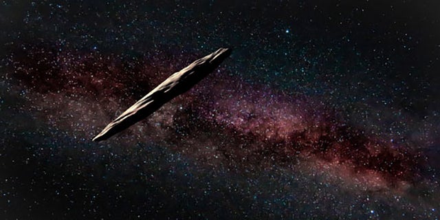 An artistic representation of 'Oumuamua, a visitor from outside the solar system.  (Credit: The international Gemini Observatory / NOIRLab / NSF / AURA artwork by J. Pollard)