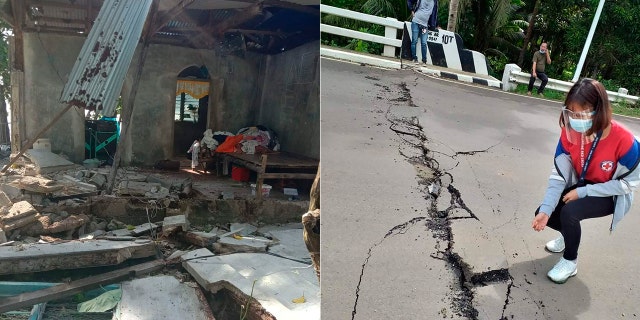 In these photos provided by the Philippine Red Cross, debris are scattered at a house and a volunteer looks at the cracks on a road after a quake struck in Cataingan, Masbate province, central Philippines.