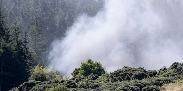 Smoke billows from the scene of a derailed train in Stonehaven, Scotland, Wednesday Aug. 12, 2020. (Derek Ironside/Newsline-media via AP)