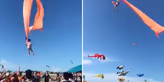 A 3-year-old girl was lifted into the air by a large kite during a kite festival in Hsinchu, northern Taiwan, on Sunday. The wind slowed down and the girl was safely recovered by adults on the ground. (Credit: Dainese Hsu)