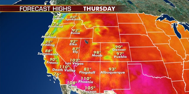 Forecast high temperatures on Thursday, Aug. 6, 2020.