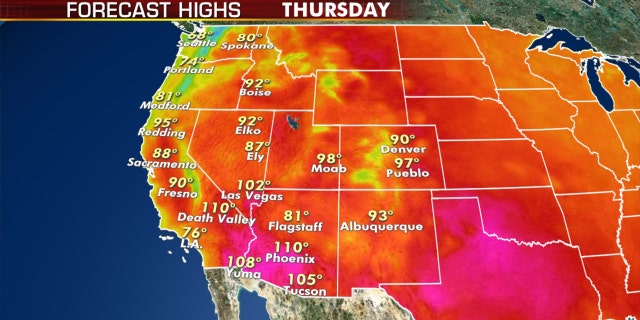 Forecast high temperatures on Thursday, Aug. 6, 2020.